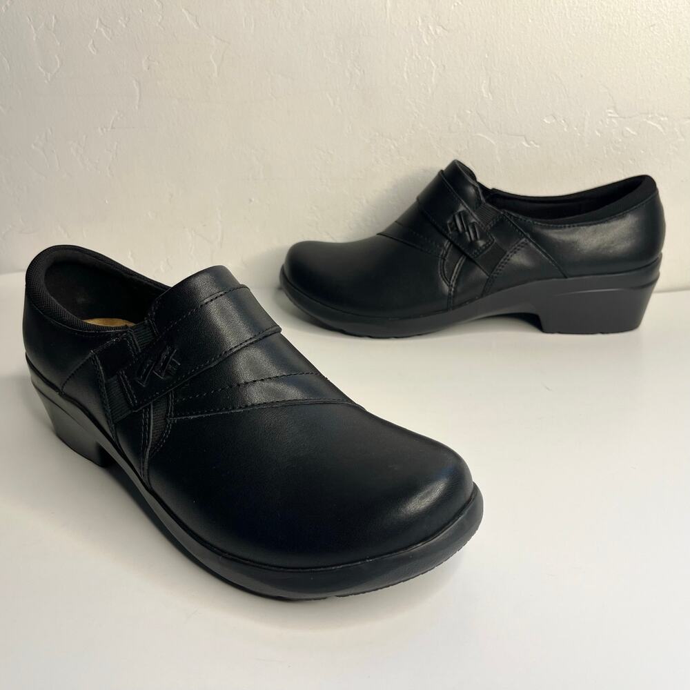 Clarks Angie Pearl Leather Shoes Womens Size 11 Black Slip-On Comfort Loafer NEW